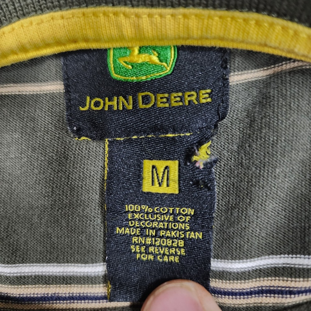 John Deere Polo Shirt Mens Medium Green Striped Embroidered Logo‎ Casual Cotton - Picture 8 of 13